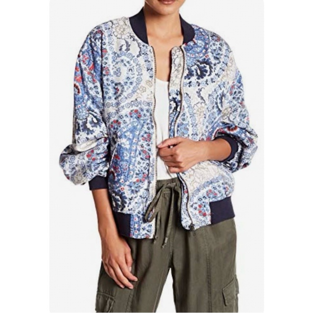 Previously Loved Free People Blue and White Paisley Bomber Jacket Size M
